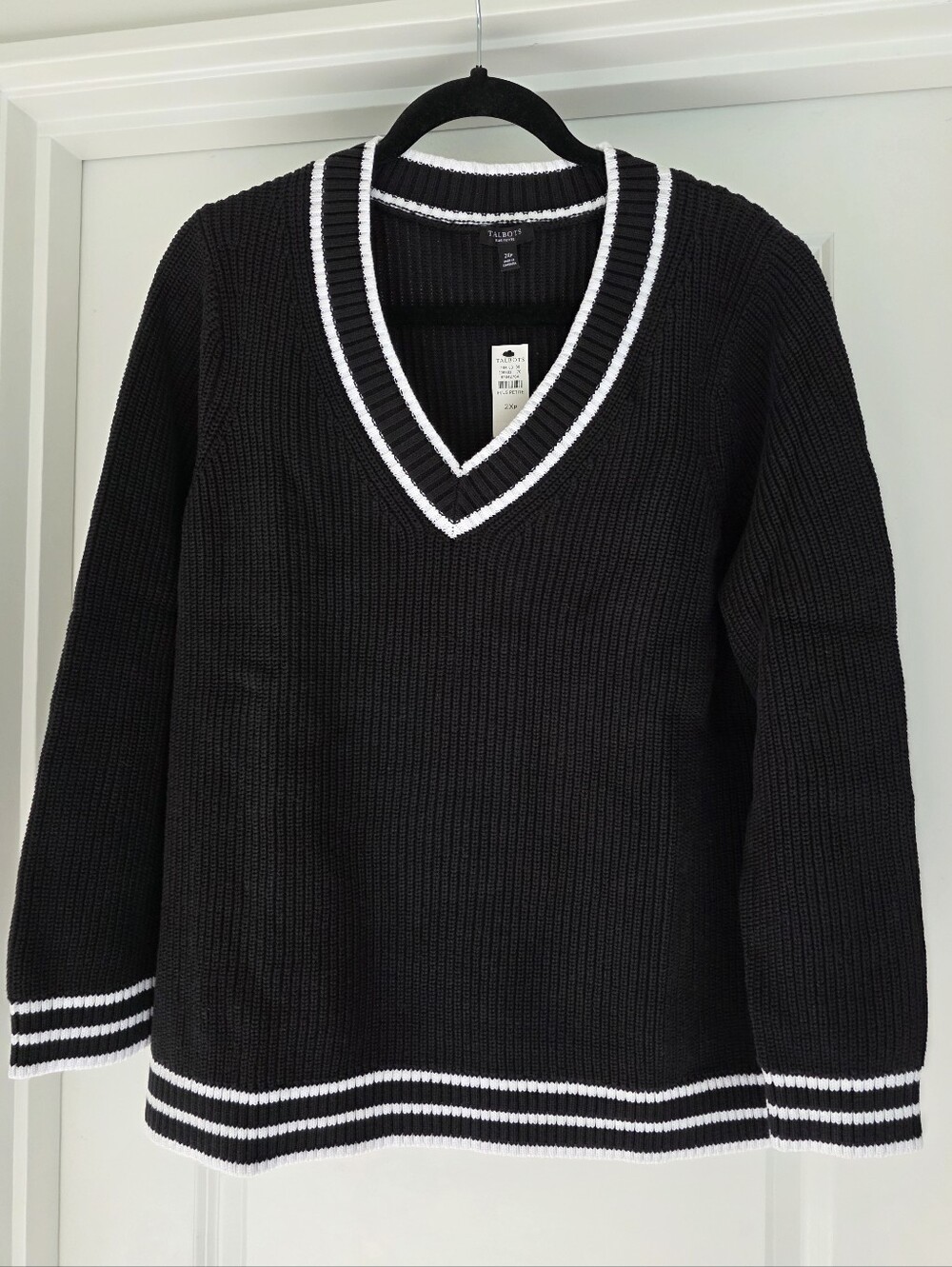 NWT Talbots Tipped Shaker Stitch V Neck Sweater Black White PP 2X